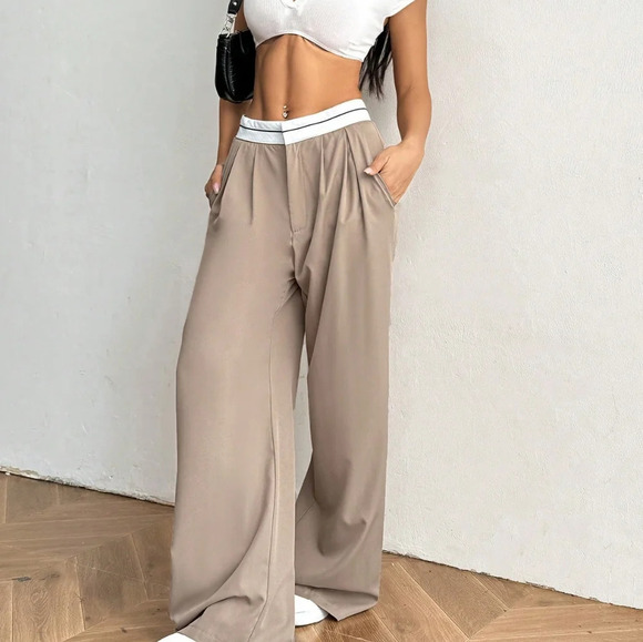 Contrast Color Pocket Casual Suit Wide-Leg Pants - Picture 4 of 6